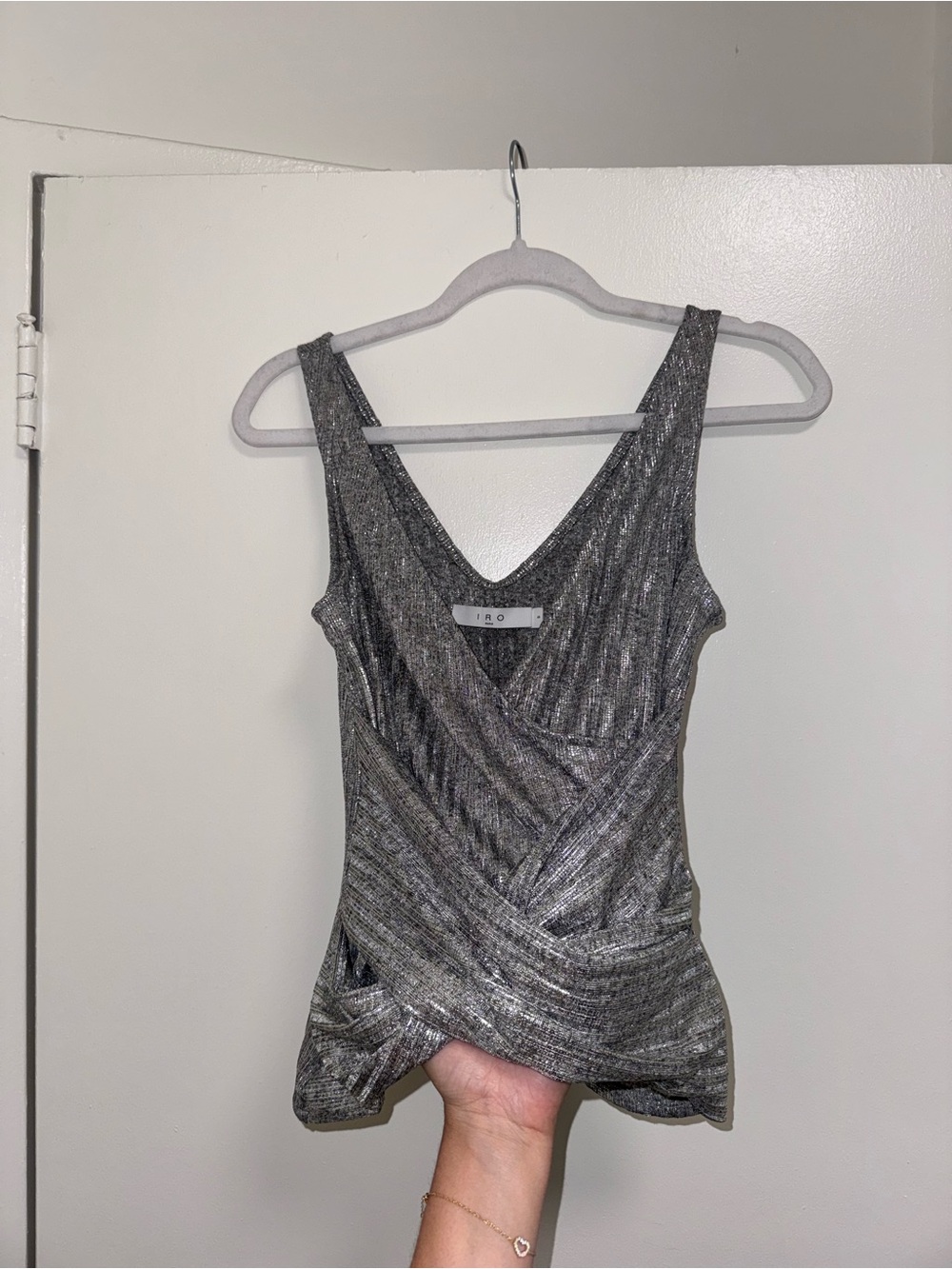 IRO Silver Metallic Crossover Tank Camisole